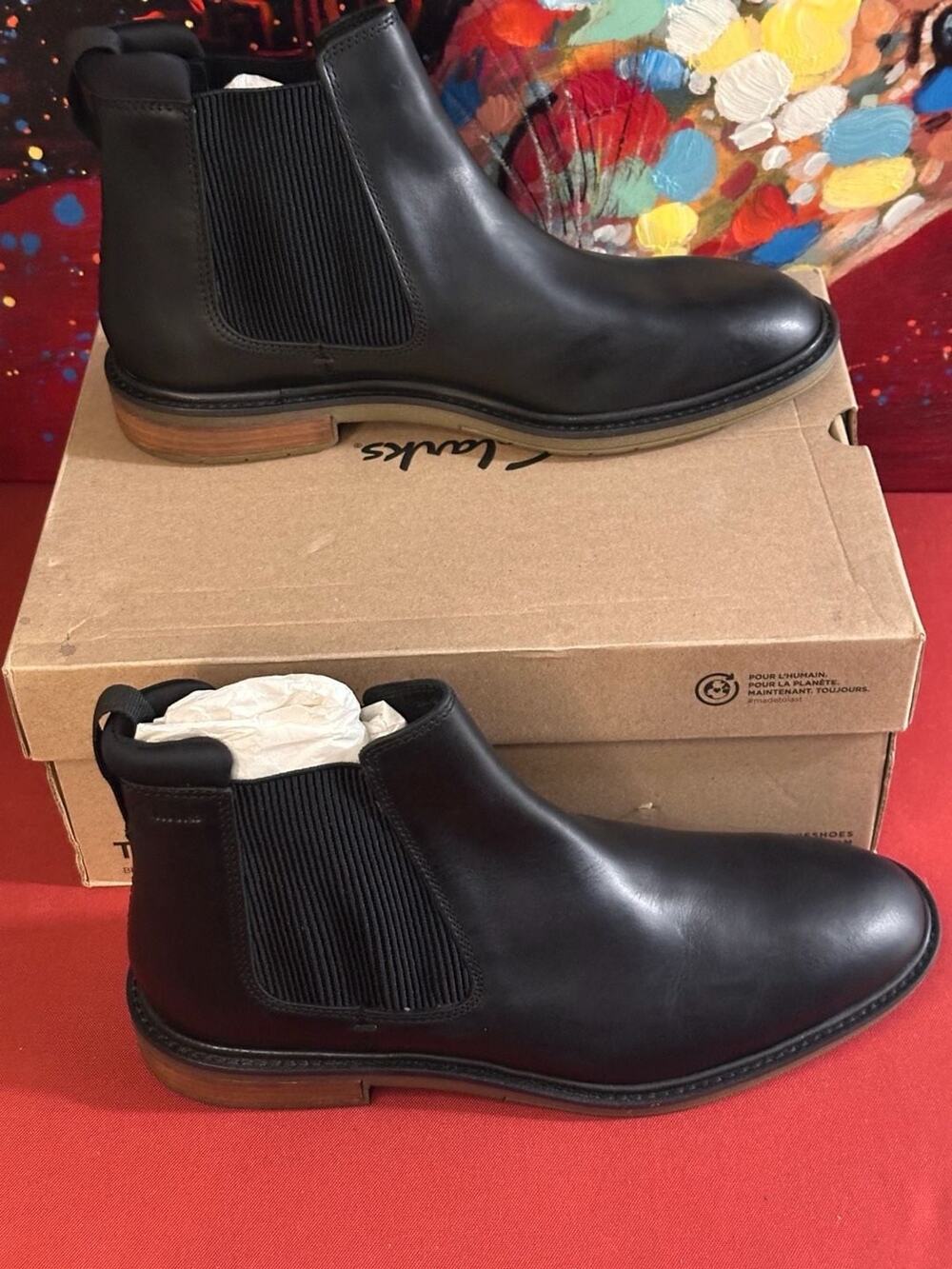 No.74 Clarks Clarkdale Hall Men's Black Leather Chelsea Boots Size 10.5 M